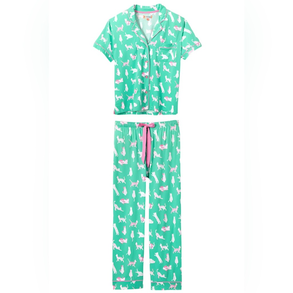 P.J Salvage Whimsy Whimsy Cats Cropped PJ Set Sea Green  de Moss Size: Small